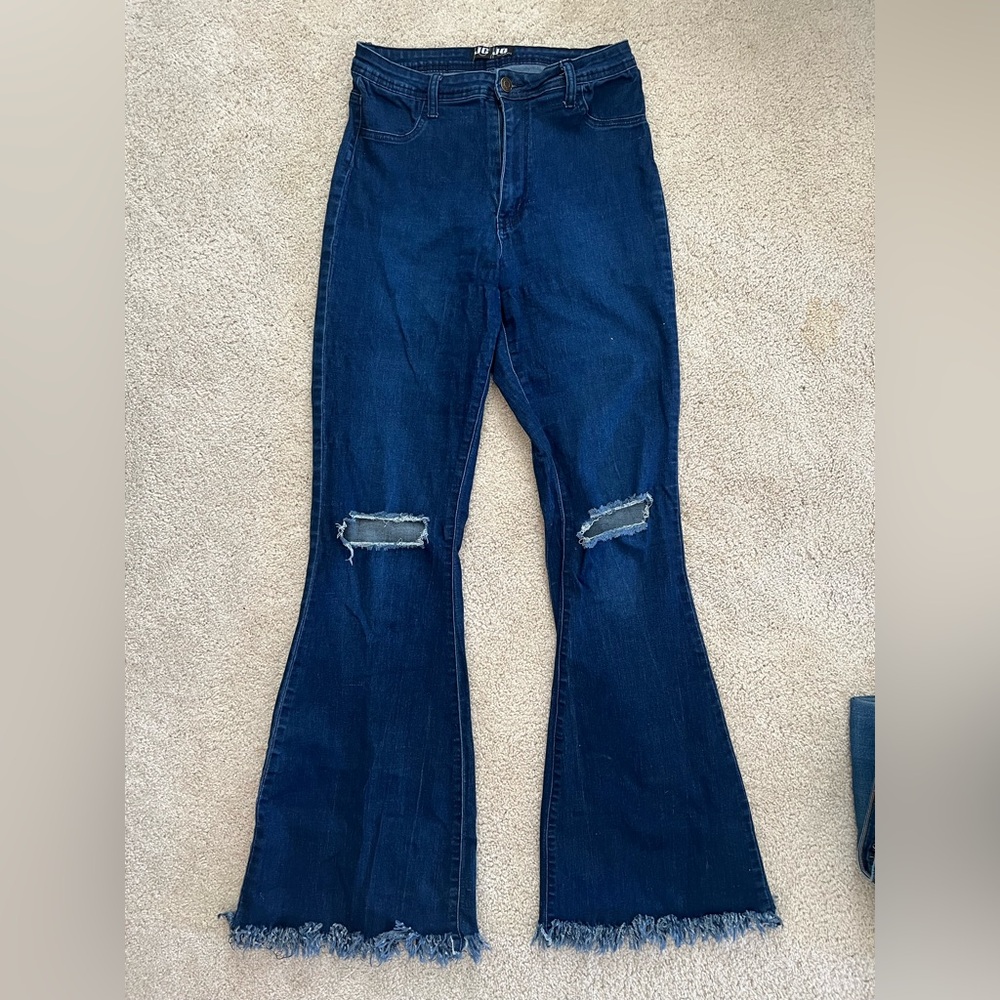 JC & JQ Frayed Hem Dark Blue Flare Jeans